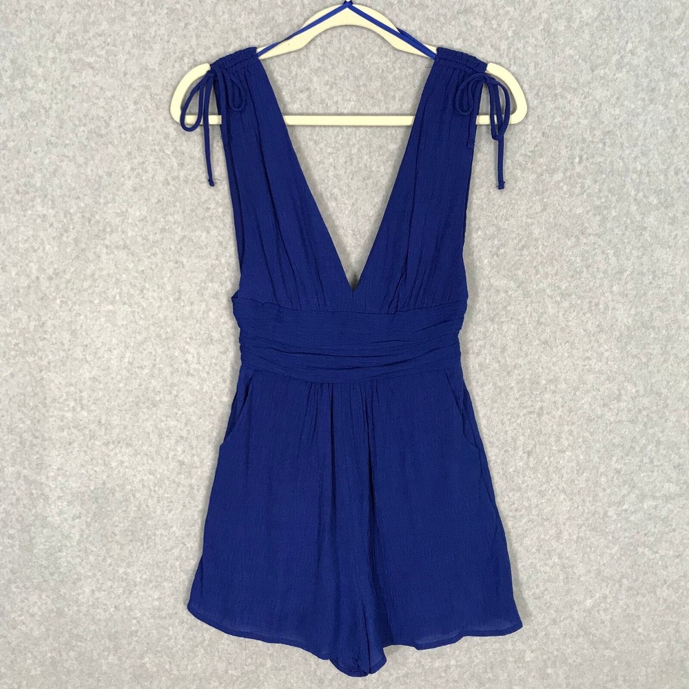 One Clothing Gauze Crinkle Romper XS Blue Plunge Smocked Pockets Boho Tie Resort